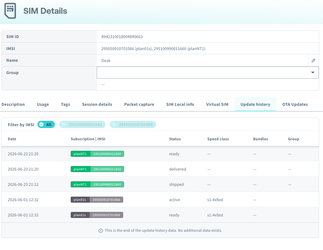 Soracom SIM update history showing planNT1 moving to ready
