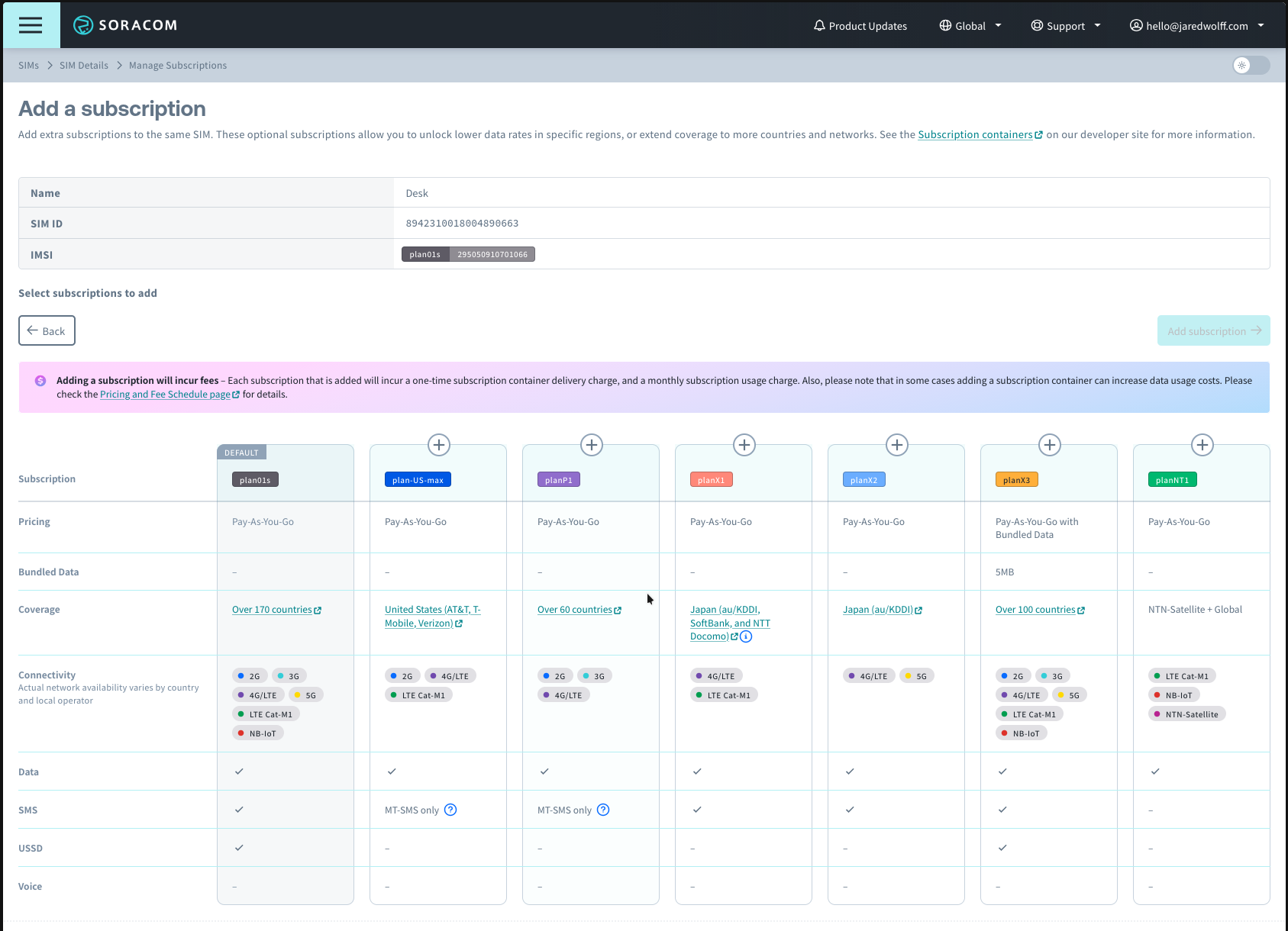 Soracom add-a-subscription screen — planNT1 is the rightmost column
