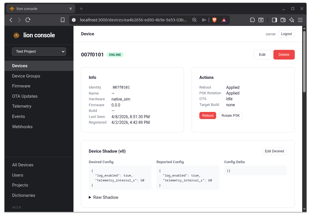 Lion device detail page showing shadow, actions, and info
