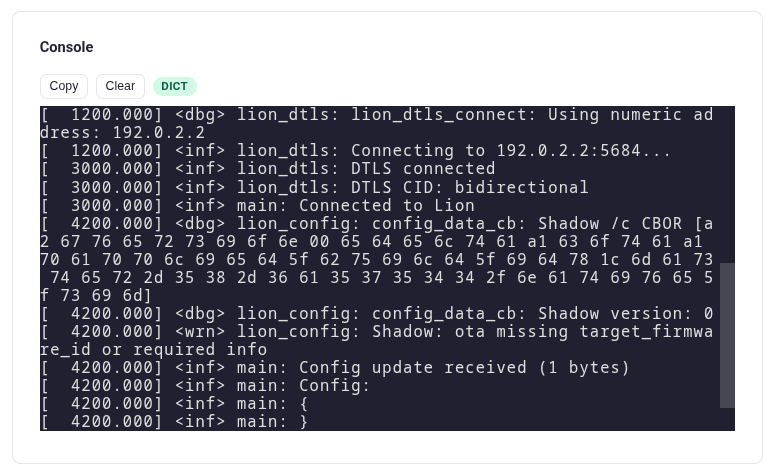 Lion console showing dictionary-decoded log stream from a device