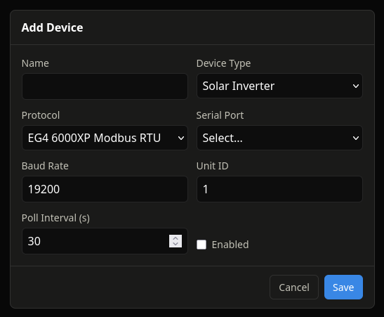 Add Device dialog with name and serial port fields