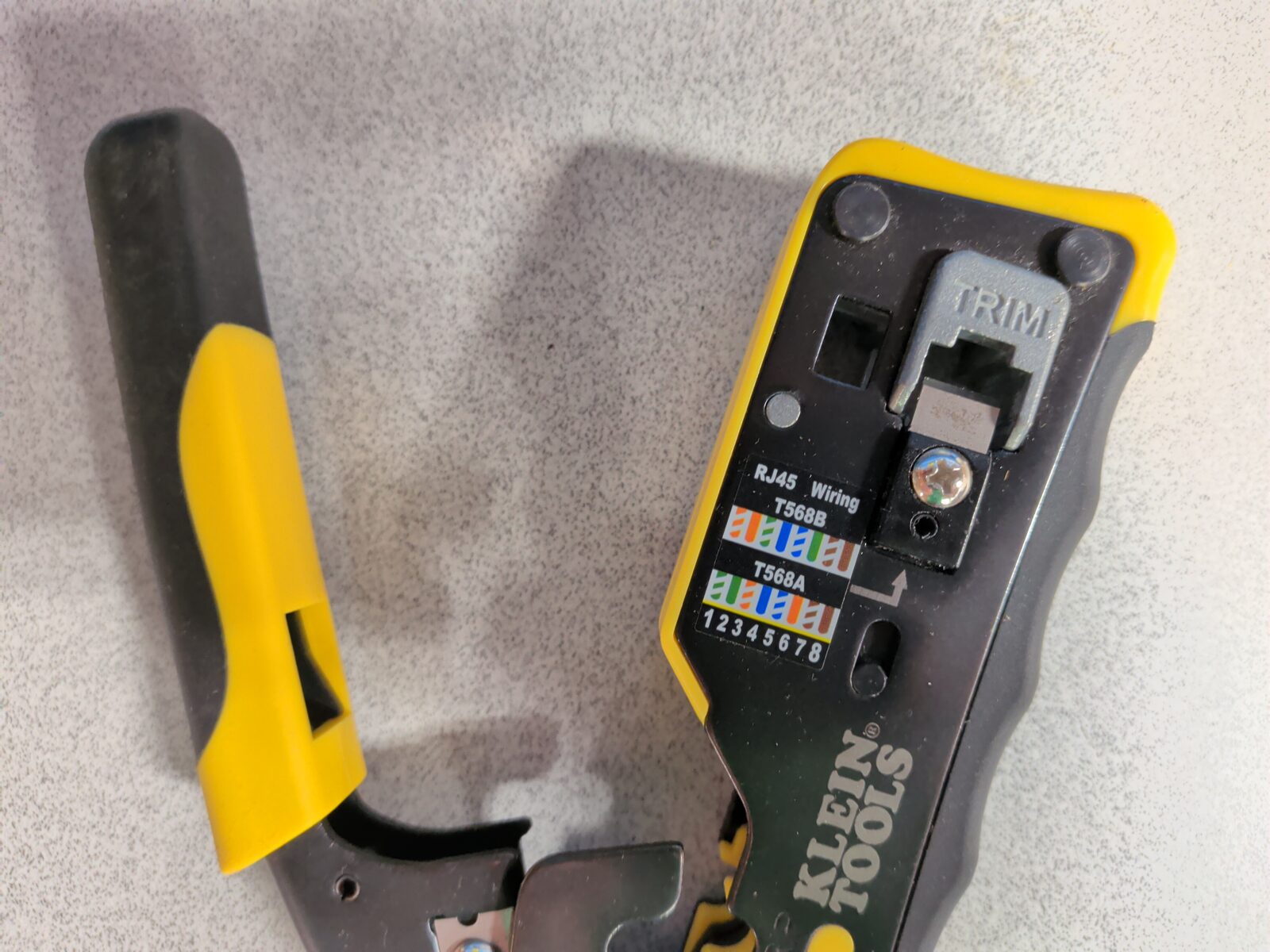 Klein Tools crimper with T568A/T568B wiring sticker