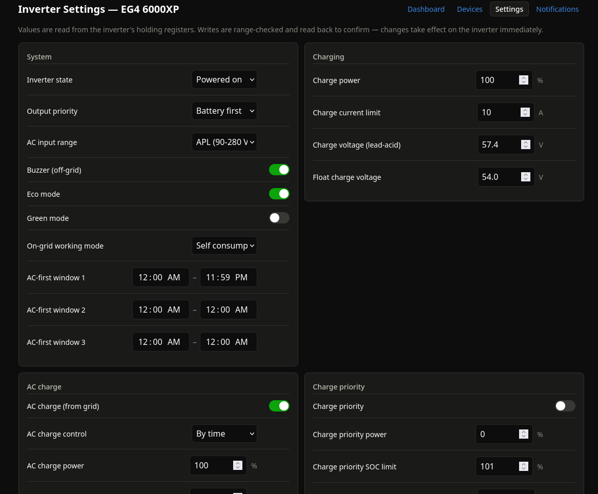 Settings page with inverter parameter controls